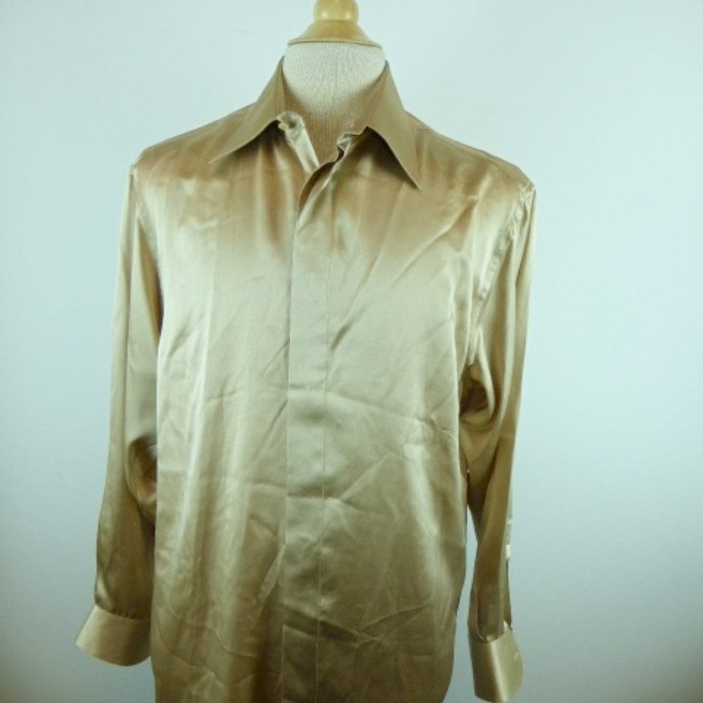 Amir 100% silk gold shirt handmade italy M pary wedding dressy